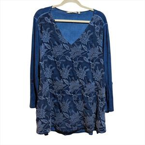 Soft Surroundings 3X Kimbra Embroidered Floral Blue Lace V Neck Roll Tab Top